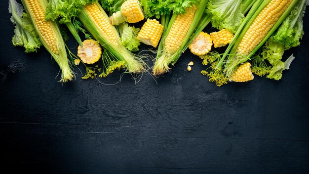 Légumes crus de maïs sur fond de bois noir Vue de dessus Espace libre pour votre texte