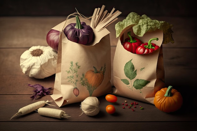 Légumes cueillis dans une ferme biologique et placés dans des sacs en papier zéro déchet au-dessus d'un fond en bois dans