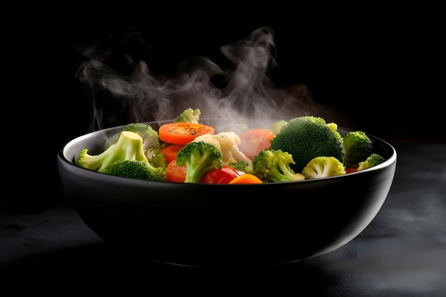 Des légumes cuits à la vapeur dans un bol noir sur un fond noir avec de la fumée