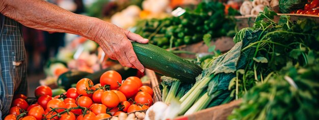 légumes dans les mains d'un homme au marché Focus sélectif