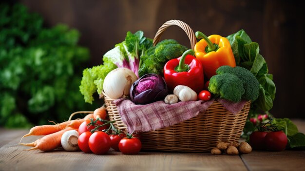 légumes dans un panier en osier sur une table en bois