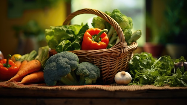 légumes dans un panier en osier sur une table en bois