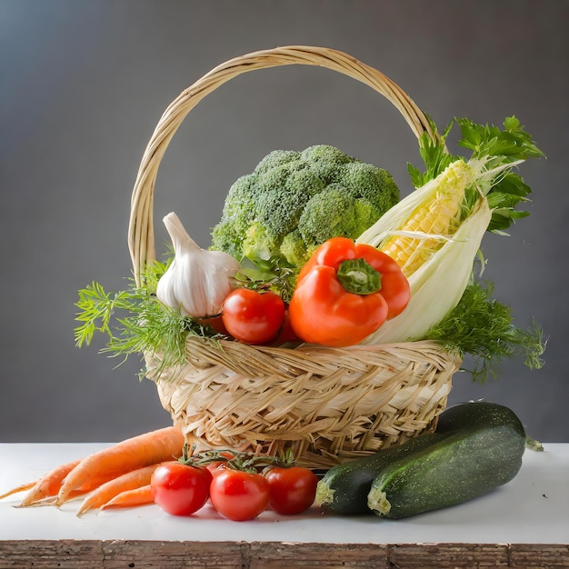 Des légumes dans un panier et sur la table de la cuisine pour faire une salade