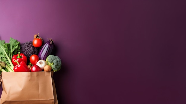 Des légumes dans des sacs en papier sur fond violet