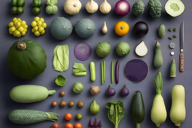 Légumes différents Flat lay Food concept Réseau de neurones généré par l'IA