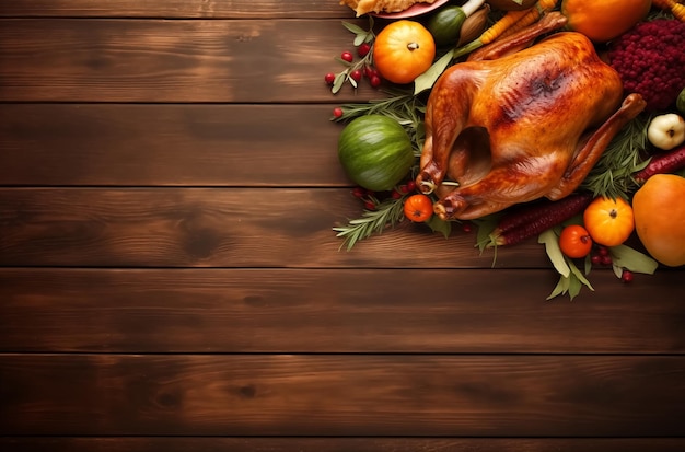 des légumes de dinde de Thanksgiving et des courges assis sur un fond en bois en haut de l'angle de vue dans le style de l'image uhd