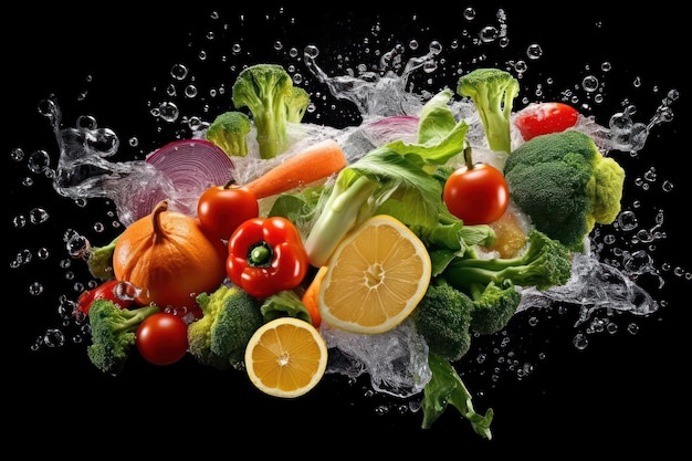 Légumes avec éclaboussures d'eau sur fond sombre Aliments diététiques pour la nutrition et la digestion Ai générative