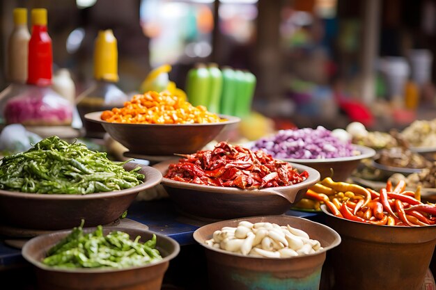 des légumes et des épices colorés sur un stand de marché