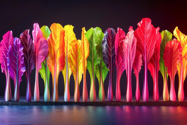 Photo des légumes à feuilles aux couleurs vives de l'arc-en-ciel disposés en gradient sur un fond sombre