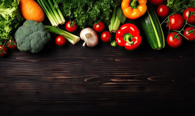 Légumes sur fond de bois noir Bannière d'aliments biologiques végétariens Ingrédient de cuisine carotte tomates concombre poivre brocoli oignon vue de dessus espace de copie AI générative