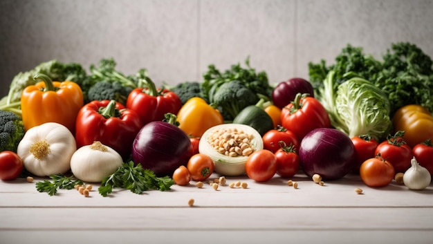 légumes sur fond de table en bois blanc toile de fond avec espace de copie vue de dessus