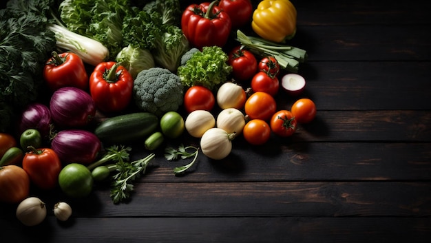 légumes sur fond de table en bois noir toile de fond avec espace de copie vue de dessus