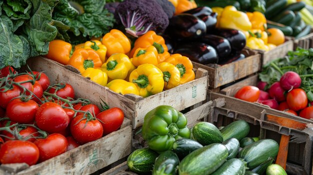 Légumes frais assortis dans des caisses de marché
