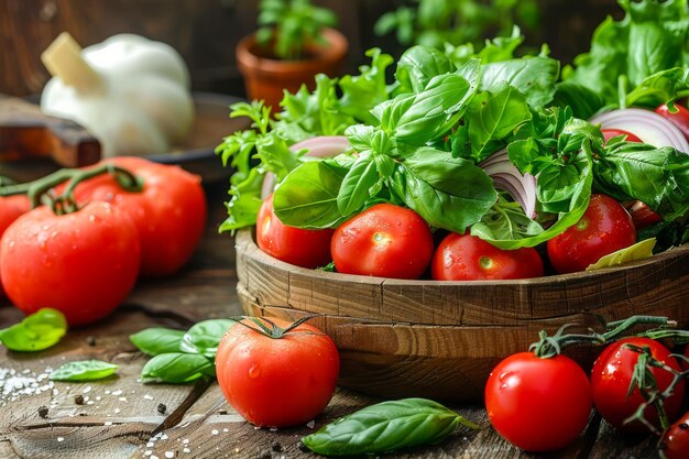 Des légumes frais et biologiques avec des tomates mûres, de la laitue verte et des épices sur un fond en bois rustique