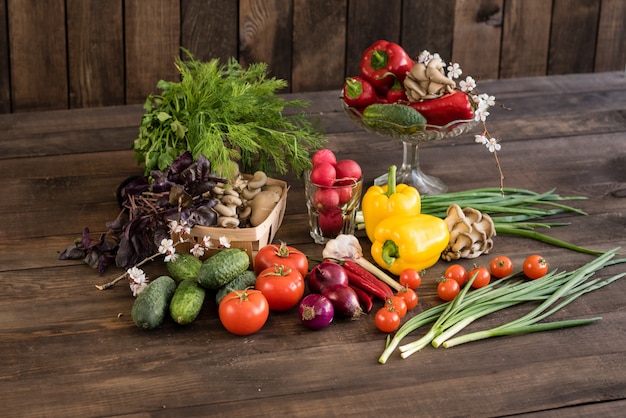 Légumes frais et colorés du potager sur un fond en bois foncé