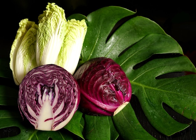 Légumes frais comme le chou rouge Chou blanc chinois sur feuille verte de Monstera Deliciosa