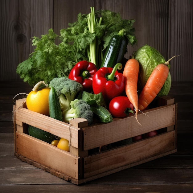 Légumes frais dans une boîte en bois sur fond de bois IA générative