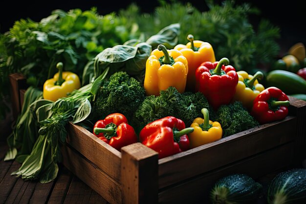 Légumes frais dans une boîte en bois