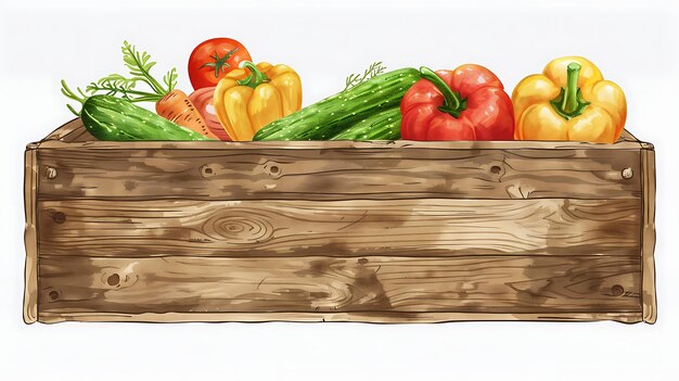 Des légumes frais dans une caisse en bois La caisse est remplie de poivrons colorés Tomates et concombres