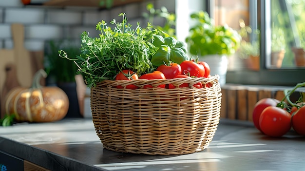 Des légumes frais dans un panier tissé sur un comptoir de cuisine éclairé par la lumière naturelle concept d'alimentation saine capturé dans un cadre domestique des couleurs vives évoquent la fraîcheur et l'origine biologique AI