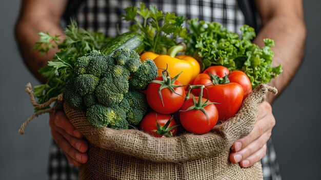 Des légumes frais dans un sac de drap tenus par une personne en tablier, des produits biologiques récoltés, un concept d'alimentation saine, un style de photographie alimentaire, de l'IA.