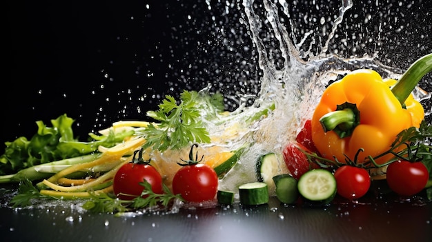 Photo légumes frais avec des éclaboussures d'eau et un couteau