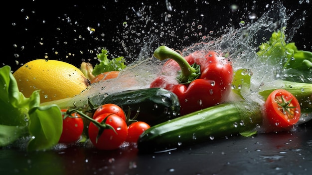 légumes frais avec des éclaboussures d'eau et un couteau