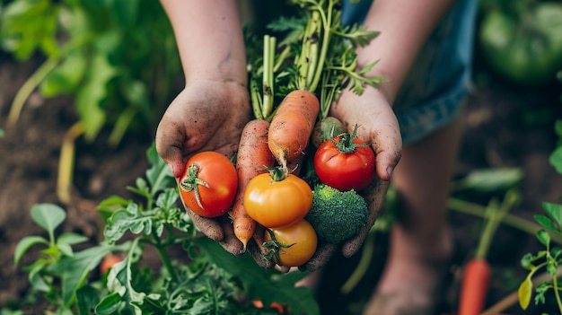 Des légumes frais entre les mains d'un homme et d'un enfant Focus sélectif IA générative