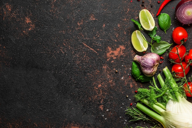 Légumes frais, épices et herbes sur table en pierre noire