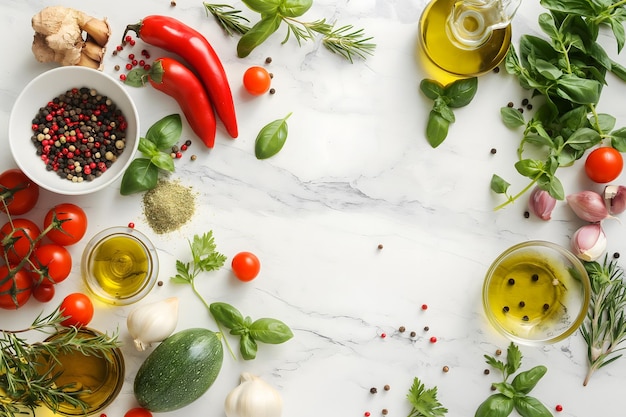 Photo des légumes frais, des épices et de l'huile d'olive sur un fond de marbre