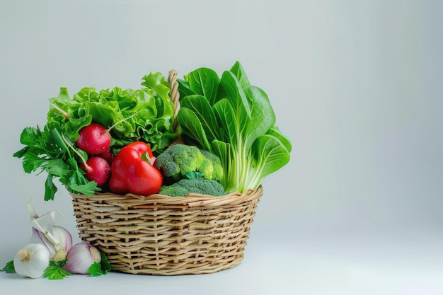 légumes frais à feuilles vertes dans le panier isolé sur fond blanc