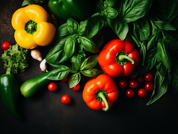 légumes frais sur fond noir, y compris poivrons, tomates et basilic