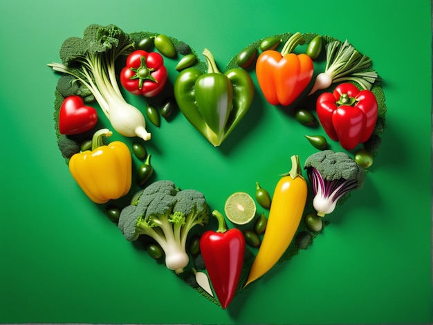 Photo des légumes frais en forme de cœur sur un fond vert bonne journée végétalienne