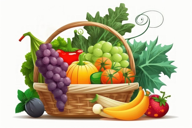 Légumes frais et fruits dans le panier sur fond blanc