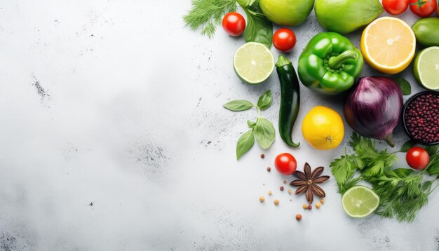 Légumes frais et herbes sur fond blanc Vue supérieure avec espace de copie