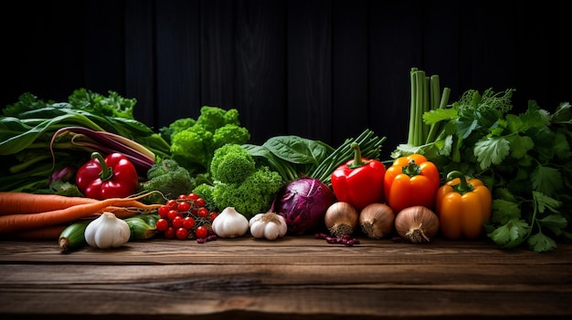 légumes frais et herbes sur planche à découper en bois sur fond sombre