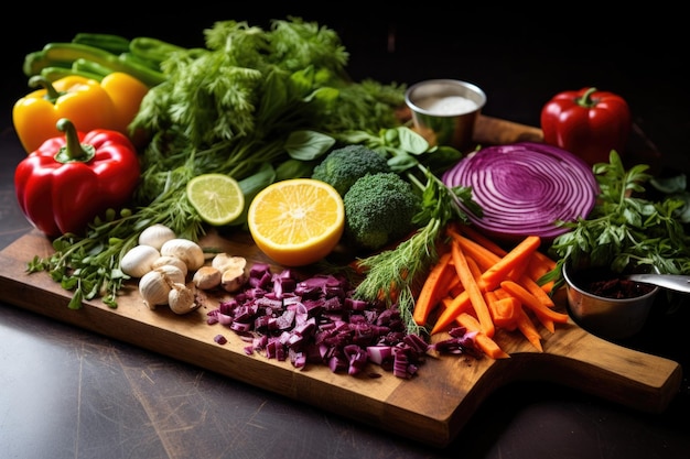 Des légumes frais et des herbes sur une planche pour un plat sans gluten