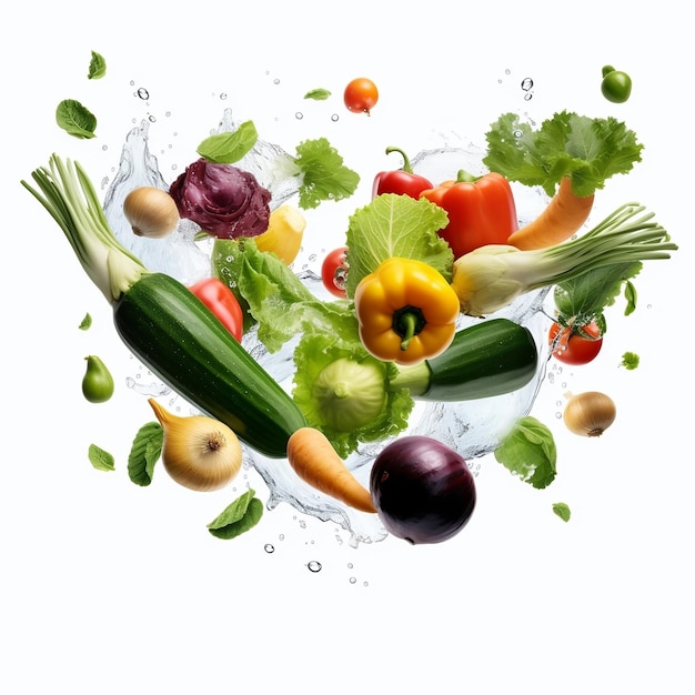 Légumes frais en lévitation sur fond blanc