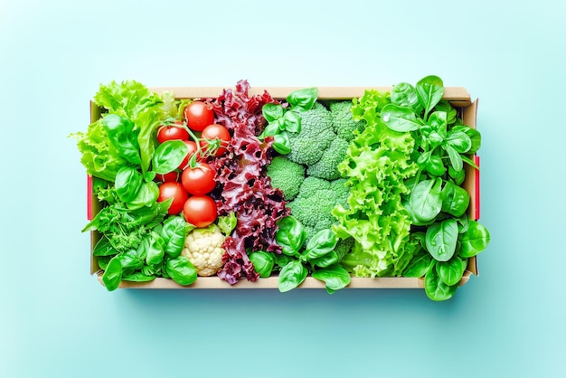 Des légumes frais et naturels dans une boîte en bois sur fond bleu