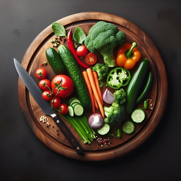 Photo légumes frais sur une planche à couper avec un couteau sur une surface sombre