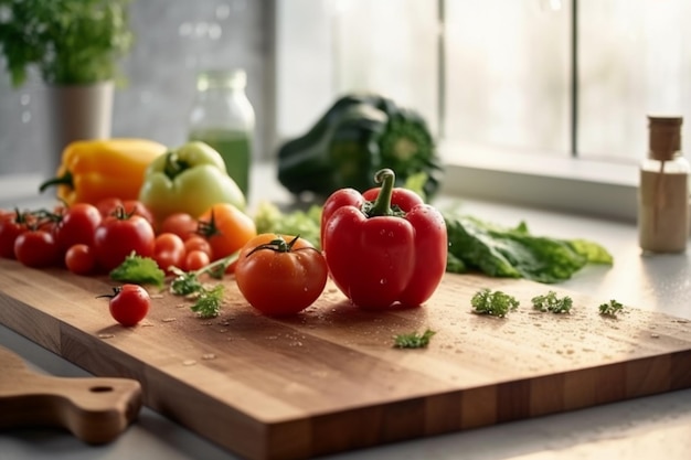 Légumes frais sur une planche à découper en bois dans la cuisine Concept de saine alimentation Generative AI