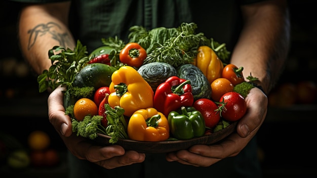 Photo les légumes frais sont emballés dans les mains. tenez le paquet de légumes.