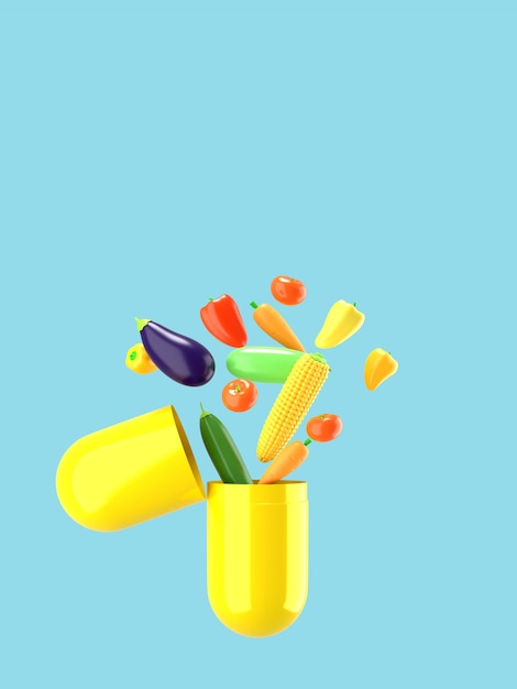 Les légumes frais sortent de la pilule. Illustration conceptuelle de suppléments nutritionnels avec un espace vide pour le texte. Rendu 3D.