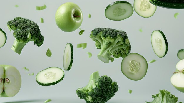 Des légumes frais suspendus en l'air sur un fond clair, des pommes vertes et des tranches de brocoli créativement capturées, parfaites pour des concepts d'alimentation saine.