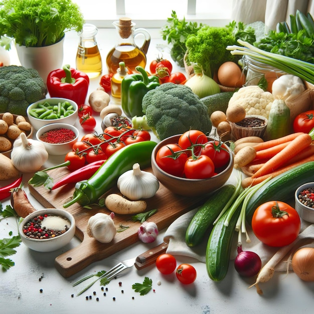 Des légumes frais sur une table blanche.