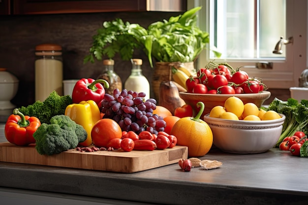 Légumes frais sur la table dans la cuisine Concept alimentaire sain Fruits et légumes sur la table dans la cuisine Intérieur de cuisine AI généré