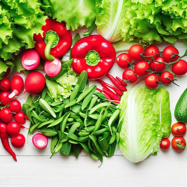 Légumes frais verts et rouges poivrons rouges radis tomates salade verte sont sur une table en bois blanc à plat