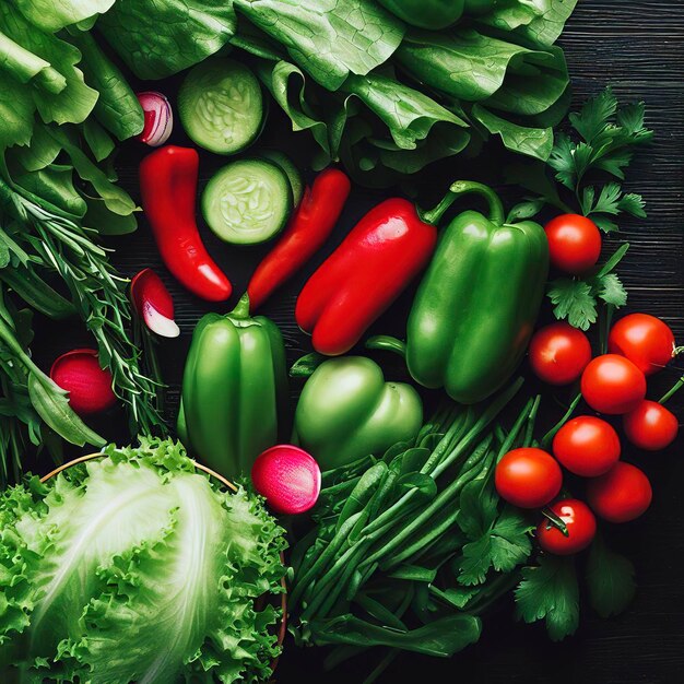 Légumes frais verts et rouges poivrons rouges radis tomates salade verte sont sur une table en bois sombre à plat