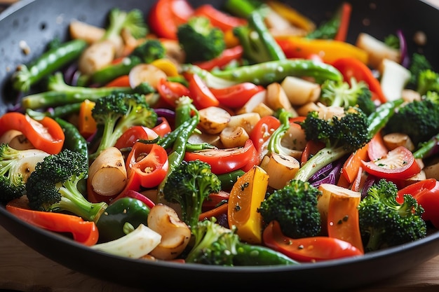 Les légumes frits sains sont mélangés dans la casserole de près.