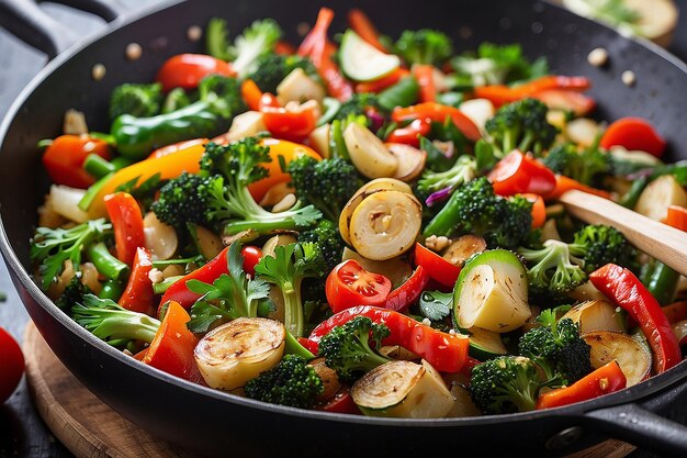 Les légumes frits sains sont mélangés dans la casserole de près.